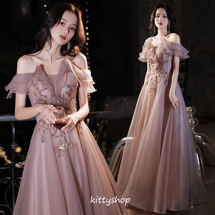 パーティードレス ピンク チュール Aライン 編み上げ 半袖 イブニング