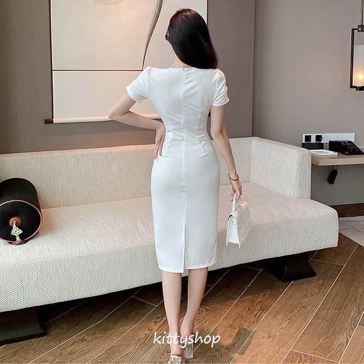 タイトワンピース 白 韓国風ワンピース Vネック 30代 ホワイトワンピース ロングワンピース 半袖 夏 ワンピース 無地 ミモレ丈ワンピース タイト お嬢様 Kittyshop 通販 Yahoo ショッピング