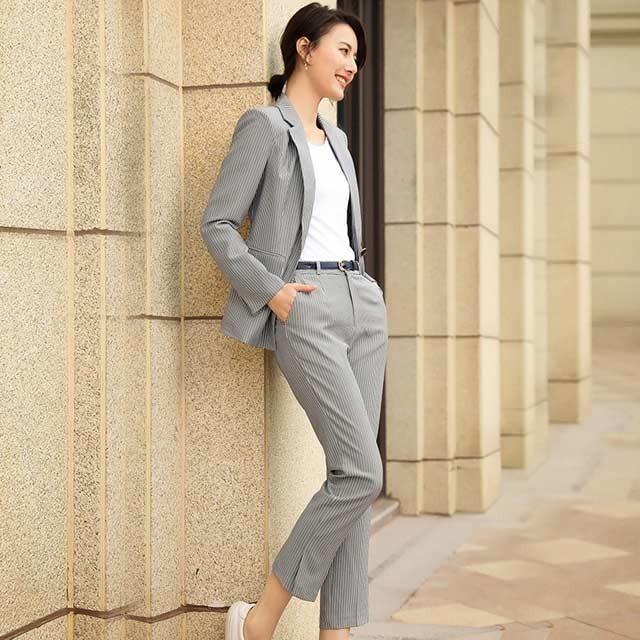 パンツスーツ 上下セット 春夏スーツ レディース ストライプ グレー ピンク ビジネススーツ 通勤 Ol 女性 オフィス 韓国風 おしゃれ 着痩せ 上品 Kittyshop 通販 Yahoo ショッピング