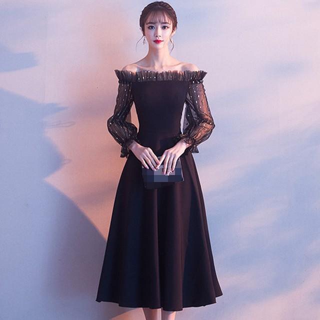 オフショルダー 黒 ドレス パーティードレス ミモレ丈 結婚式 ミディアム丈ドレス 長袖 Aライン 披露宴 上品 優雅 二次会 発表会 お呼ばれ Kittyshop 通販 Yahoo ショッピング