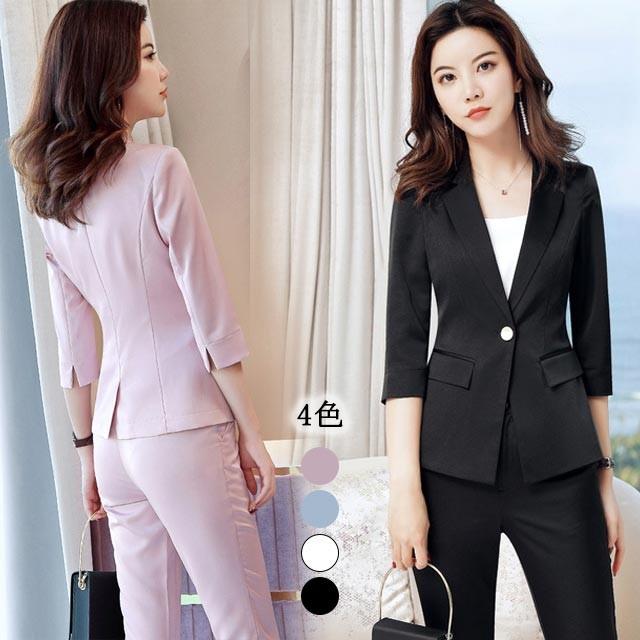 韓国ファッション レディース セットアップ 七分袖 リクルートスーツ 一つボタン 無地 オフィススーツ 上品 オシャレ 通勤 Ol 2点セット 代30代40代 73 Off