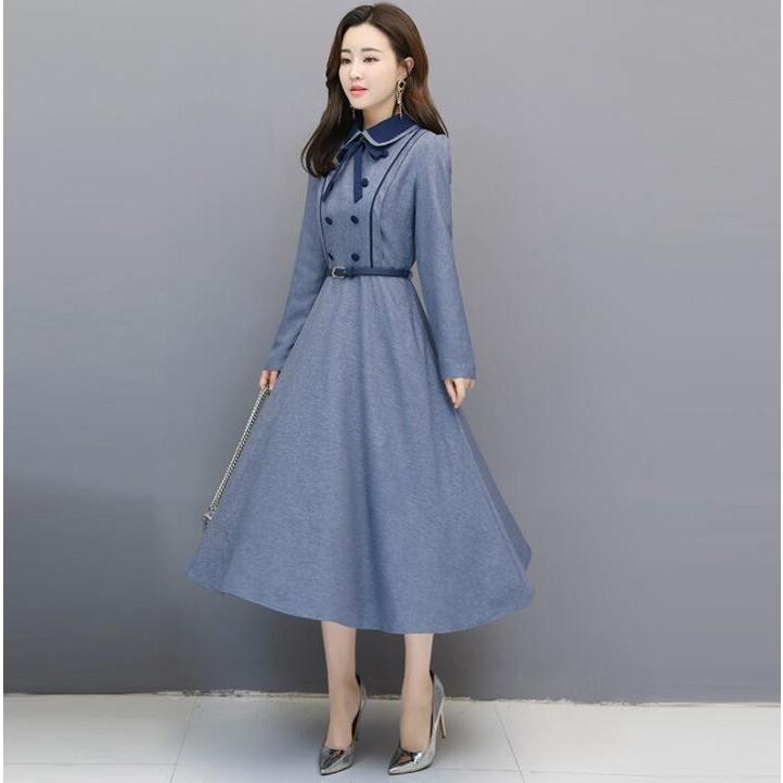 Aライン ワンピース 優雅 レディース 通勤 可愛い ロングワンピ マキシワンピース 長袖 ワンピ 折り襟 ブルー 春 Ht Kittyshop 通販 Yahoo ショッピング