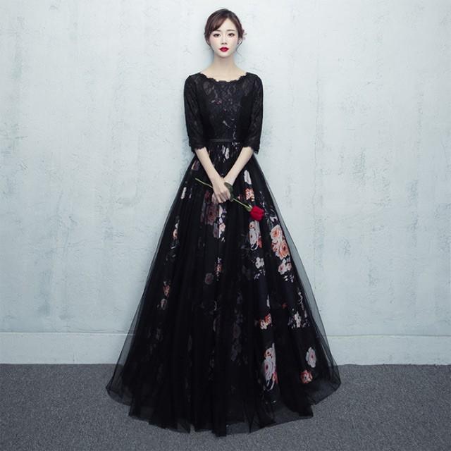 ロングドレス 黒 パーティードレス 袖あり 結婚式 二次会 ドレス ロング丈 5分袖 披露宴 イブニングドレス レース プリント花柄 代 30代 Lh Kittyshop 通販 Yahoo ショッピング