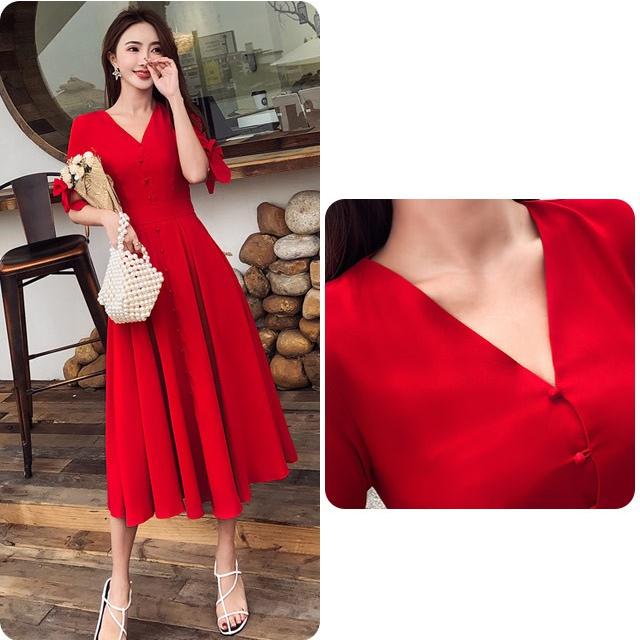 ロングワンピース ミモレ丈ワンピース Aライン 半袖 夏ワンピース 海 旅行 リゾートワンピース 赤 ロング丈 Vネック 結びつき リボン お洒落 Lh Kittyshop 通販 Yahoo ショッピング