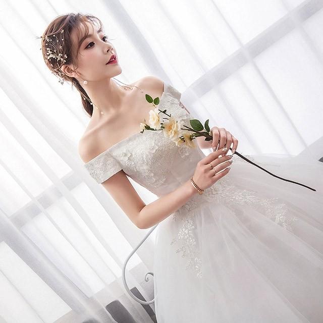 ウェディングドレス オフショルダー Vネック Aラインドレス 結婚式ドレス 花嫁 披露宴 ホワイトドレス ブライダルドレス 編み上げ Lh Kittyshop 通販 Yahoo ショッピング