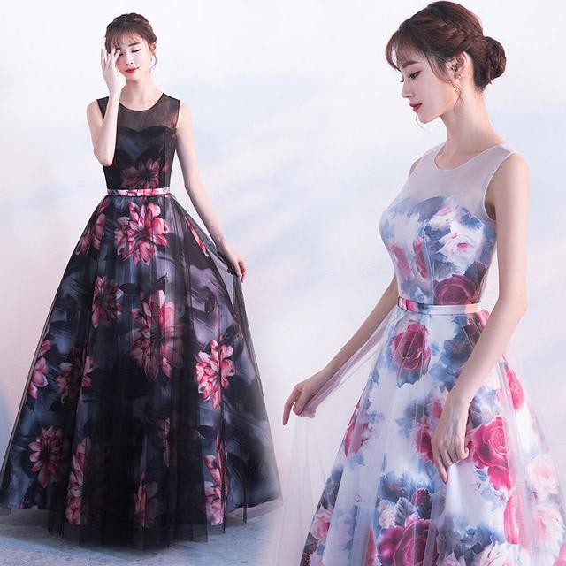 ロングドレス 黒 白 30代 40代 50代 プリント花柄 Aライン イブニングドレス ノースリーブ チュール 発表会ドレス 演奏会 パーティードレス Lh Kittyshop 通販 Yahoo ショッピング