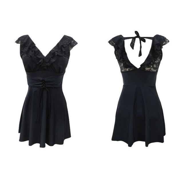 黒 ワンピース水着 レディース 体型カバー 大きいサイズ 代 30代 40代 無地 お洒落 水着 レース Vネック サロペット水着 19夏新作 Lh Kittyshop 通販 Yahoo ショッピング