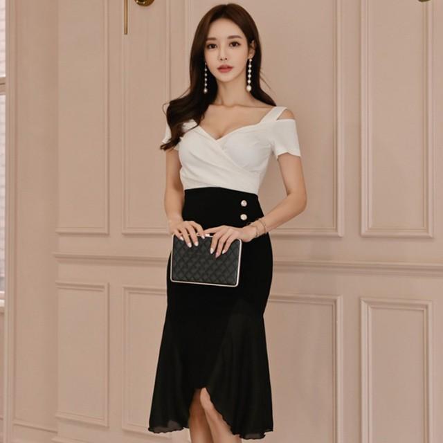 マーメイドワンピース フレア 白 黒 パーティー 二次会 お呼ばれ タイトワンピース 膝丈 オフショルダー Vネック 細身 着痩せ Lh Kittyshop 通販 Yahoo ショッピング