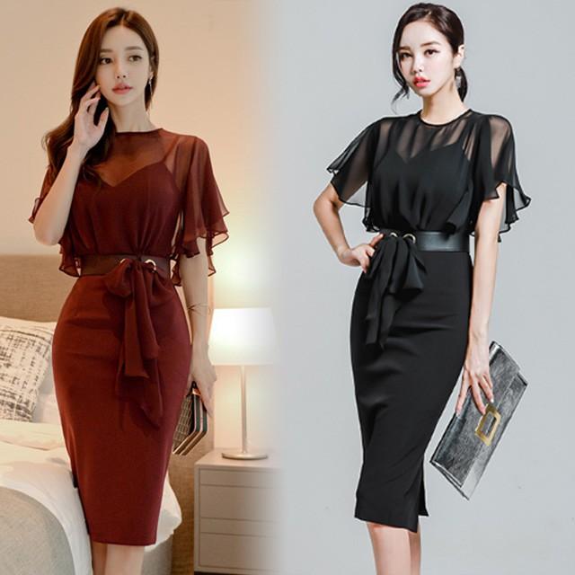 通勤 Ol フォーマルワンピース 膝丈 黒ワンピース ブラック シフォン フレア袖 韓国風 タイトワンピース 半袖 19夏新作 Lh Kittyshop 通販 Yahoo ショッピング