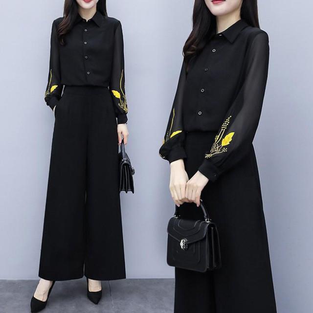 春秋 セットアップ レディース 結婚式 黒 シフォン ガウチョパンツ 長袖トップス ブラウス 刺繍 お洒落 30代 40代 二次会 お呼ばれ 黒シャツ 2点セット Lh Kittyshop 通販 Yahoo ショッピング