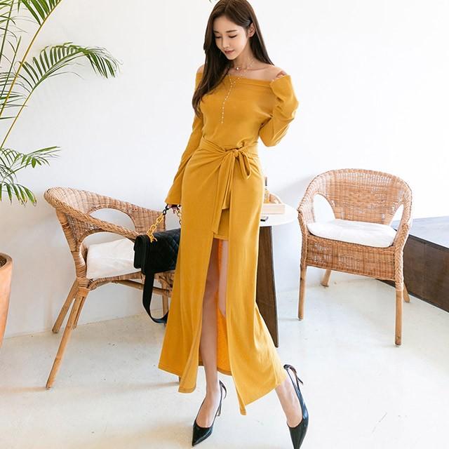 マキシ丈ワンピース オフショルダー キャバドレス ロングワンピース 大人 代 30代 長袖 春 秋 タイトワンピース 韓国風 セクシーワンピース イエロー Lh Kittyshop 通販 Yahoo ショッピング