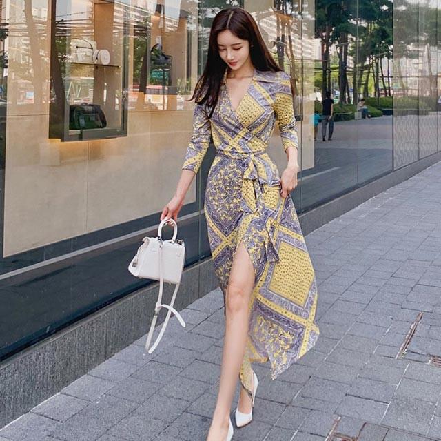 マキシ丈ワンピース プリント お洒落 ロングワンピース Vネック パーティー 二次会 お呼ばれ リゾートワンピース 代 30代 旅行 長袖ワンピース Lh Kittyshop 通販 Yahoo ショッピング