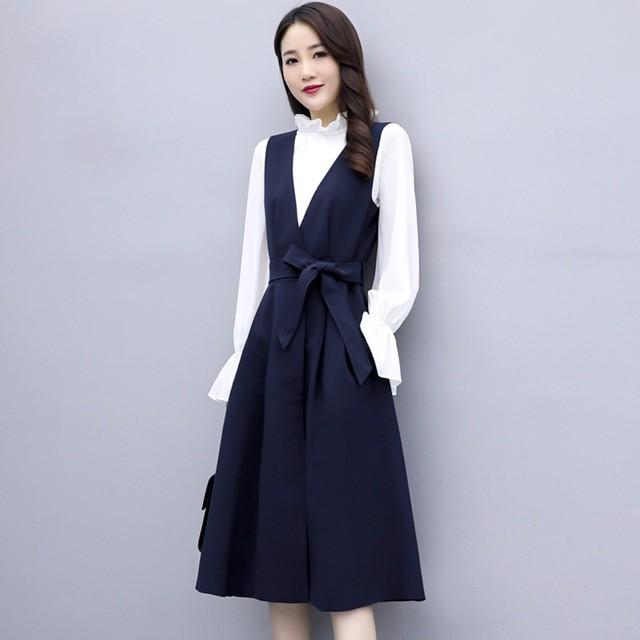 セットアップ レディース ベストワンピース Vネック 紺色 ミモレ丈ワンピース リボン 白 シフォンブラウス ワンピースセット ジャンパースカート 30代40代 Lh Kittyshop 通販 Yahoo ショッピング