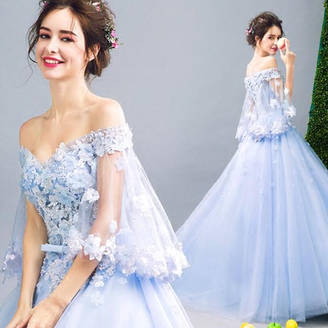 結婚式ドレス ブルー オフショルダー イブニングドレス 水色 チュール袖 姫系 フラワー パーティードレス ロング丈 発表会ドレス 演奏会 ウェディングドレス Lh Kittyshop 通販 Yahoo ショッピング