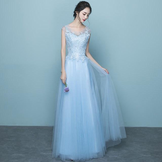 お得な情報満載 エレ ロング オフショルダー 水色 イブニングドレス 高品質 ロングドレス