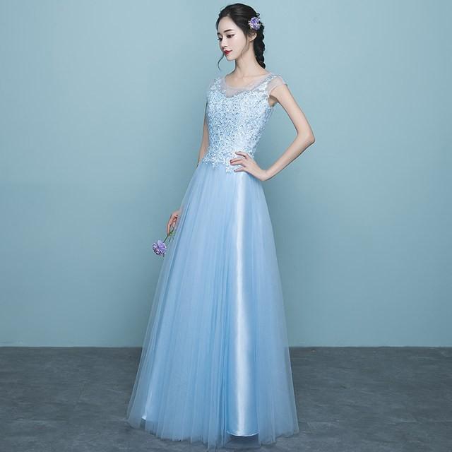 イブニングドレス ブルー 水色 ロングドレス レース チュール 姫系 A 