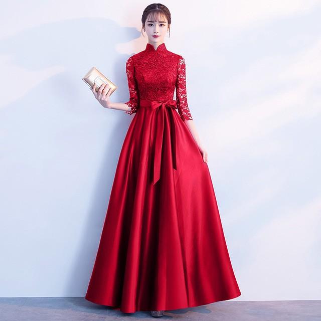 サテン ロングドレス レース 7分袖 チャイナドレス ワイン赤 イブニングドレス Aライン パーティードレス 発表会ドレス 二次会 お呼ばれ Lh Kittyshop 通販 Yahoo ショッピング