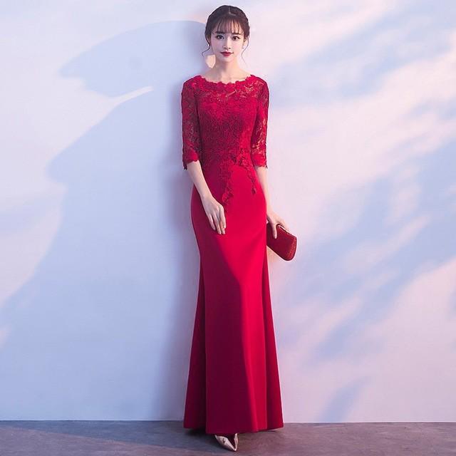 ワイン赤 結婚式ドレス レース サテン ゲストドレス キレイめ パーティードレス 袖あり 7分袖 イブニングドレス ロング マーメイド 二次会 お呼ばれ Lh Kittyshop 通販 Yahoo ショッピング