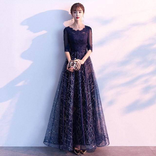 パーティードレス ロング丈 袖あり 結婚式ドレス 切り替え 紺色 お洒落 イブニングドレス お呼ばれ 発表会ドレス 演奏会 5分袖 二次会 エレガント Lh Kittyshop 通販 Yahoo ショッピング