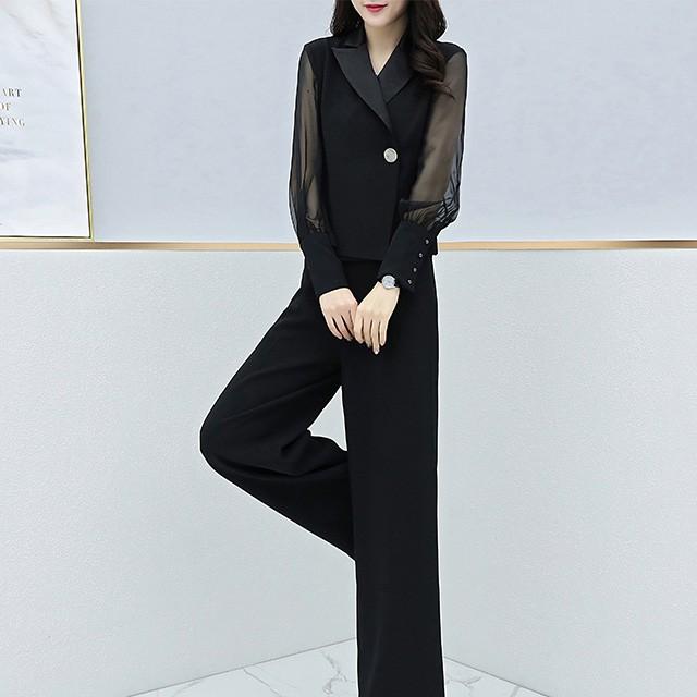予約販売品 パンツセットアップ レディース 通勤 二次会 卒園式 30代 40代 ママ ワイドパンツ ガウチョパンツ シフォン お洒落 黒 2点セット Simbcity Net