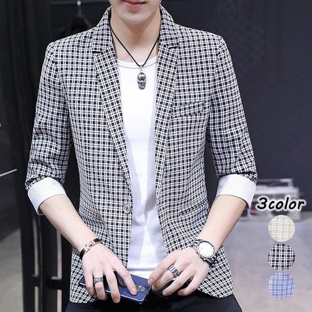 ジャケット メンズ 7分袖 テーラードジャケット 春 夏 薄手 チェック柄 ブレザー ブラック ブルー イエロー カジュアル 通勤 スーツジャケット 新発売の