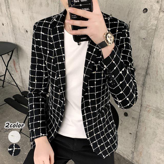 テーラードジャケット メンズ 大きいサイズ ブレザー フォーマル 通勤 ビジネス 春 秋 ジャケット チェック柄 ブラック ホワイト 長袖 商品