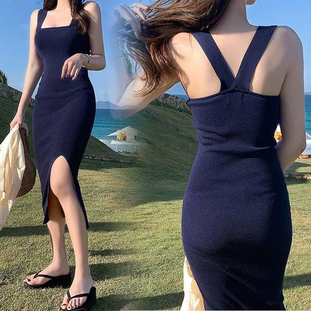 ニットワンピース タイト スリット ロングワンピース ニット キャミワンピース ミモレ丈 ネイビー 紺色 キャバ セクシーワンピース Lh Kittyshop 通販 Yahoo ショッピング