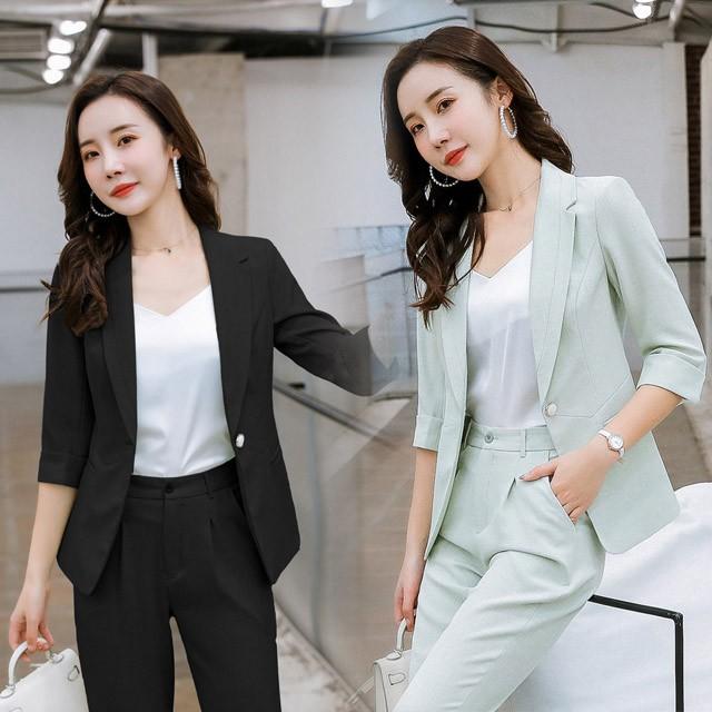 最安 夏 スーツ レディース 7分袖 テーラードジャケット パンツスーツ 2点セット セレモニースーツ ピンク ライトグリーン ホワイト ブラック ランキング受賞 Carlavista Com