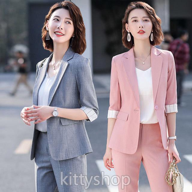 パンツスーツ レディース グレー ベージュ フォーマル オフィススーツ ハイクオリティ 通勤 Ol テーラードジャケット 7分袖 ピンク セレモニー スーツ 2点セット 夏