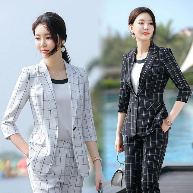 チェック柄 スーツ レディース 通勤 Ol パンツスーツ フォーマル ビジネススーツ ホワイト ブラック 2点セット 7分袖 テーラードジャケット Lh Kittyshop 通販 Yahoo ショッピング