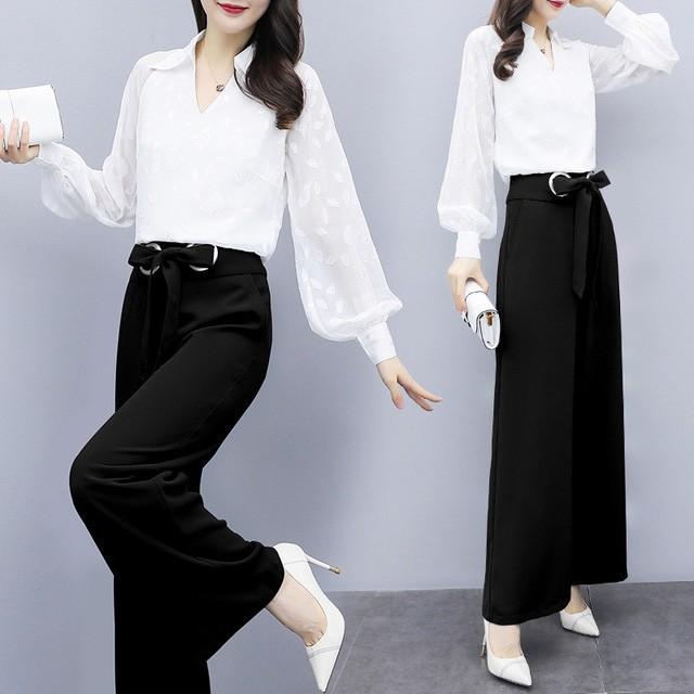ガウチョパンツ セットアップ レディース 30代 40代 シフォン ワイドパンツ 2点セット 白 長袖ブラウス Vネック パフスリーブ お洒落 上下セット 夏 Lh Kittyshop 通販 Yahoo ショッピング