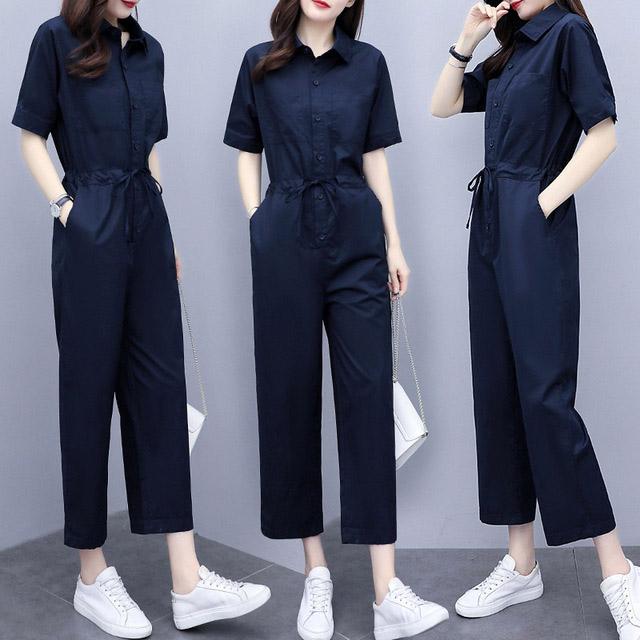 カジュアル オールインワン 半袖 夏 ネイビー 紺色 代 30代 ワイドパンツ 通勤 Ol お出かけ ガウチョパンツ ハイウエスト 無地 お洒落 Lh Kittyshop 通販 Yahoo ショッピング