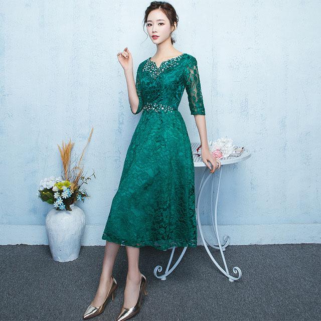 グリーン パーティードレス ミモレ丈 Aライン レースドレス 5分袖 結婚式 二次会ドレス