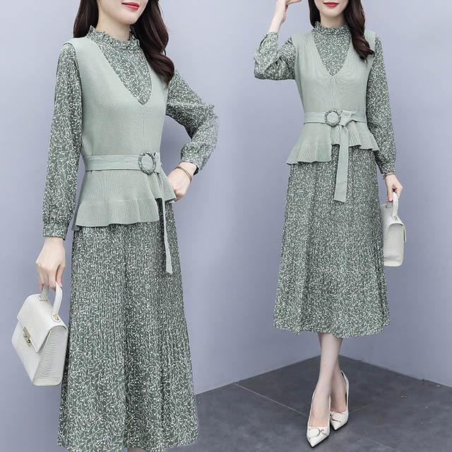 シフォンワンピース ニットベスト 2点セット レディース 春 秋 お洒落 長袖 Aラインワンピース ロング ミモレ丈 セーター Vネック ノースリーブ 代 30代 楽天ランキング1位