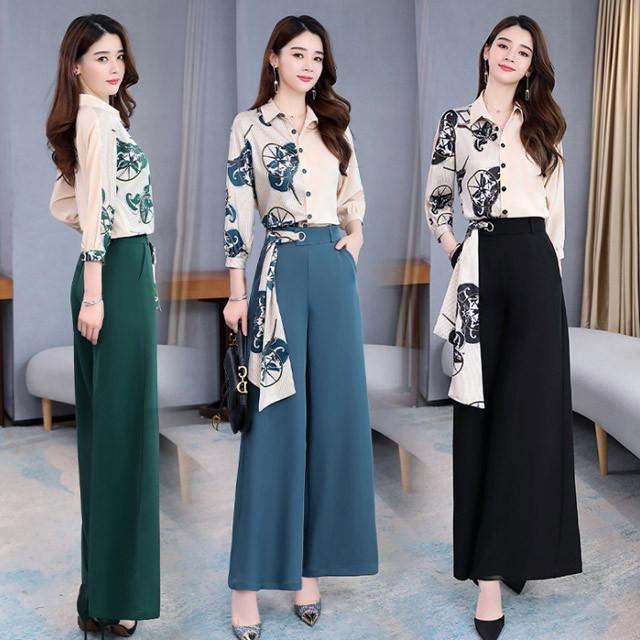 シャツ ワイドパンツ レディース セットアップ 長袖シャツ プリント お洒落 ガウチョパンツ 上下セット 30代 40代 通勤 Ol 大きいサイズ 2点セット 60 Off