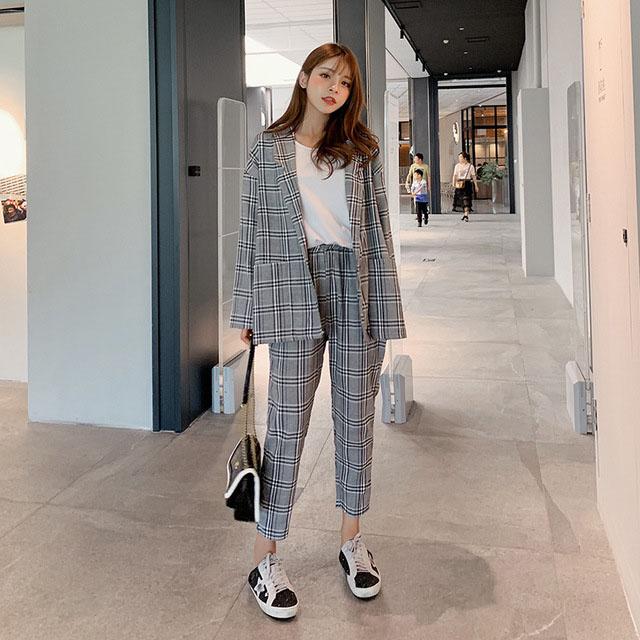 スーツ レディース 2点セット パンツスーツ チェック柄 カジュアル セットアップ スーツセット ジャケット 通勤 Ol 通学 代 30代 Lh Kittyshop 通販 Yahoo ショッピング
