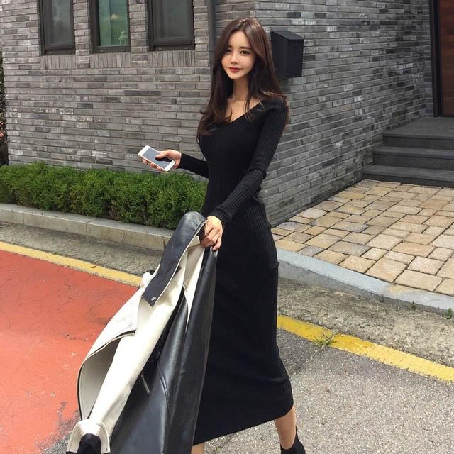 ロングワンピース 長袖 ニットワンピース レディース 黒 細身 着痩せ タイトワンピース ニットワンピ 春 秋 冬 コーデ ミモレ丈ワンピース Lh Kittyshop 通販 Yahoo ショッピング