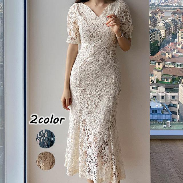 ブラック レースワンピース ロング 半袖 レースドレス フレア Vネック マーメイドワンピース ベージュ 黒 結婚式ドレス 二次会 お呼ばれ レースワンピ Lh Kittyshop 通販 Yahoo ショッピング