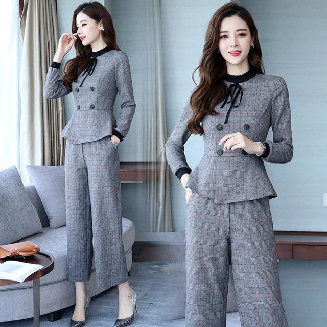 パンツ セットアップ レディース スーツ グレー チェック柄 パンツスーツ 上下セット ワイドパンツ 2点セット フォーマル 通勤 大きいサイズ 30代 40代 とっておきし新春福袋