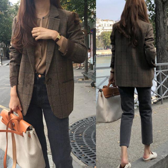 テーラードジャケット レディース 秋 冬 代 30代 韓国風 テーラードジャケット チェック柄 スーツ