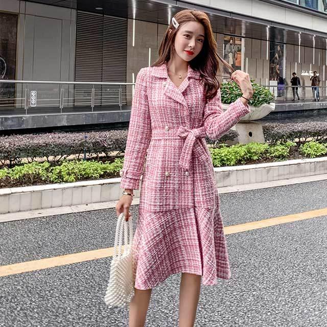 ツイード マーメイドワンピース 厚手 秋冬 ピンク チェック柄 ロングワンピース 長袖 フレア お洒落 キレイめ テーラード Vネック ベルト付き Lh Kittyshop 通販 Yahoo ショッピング