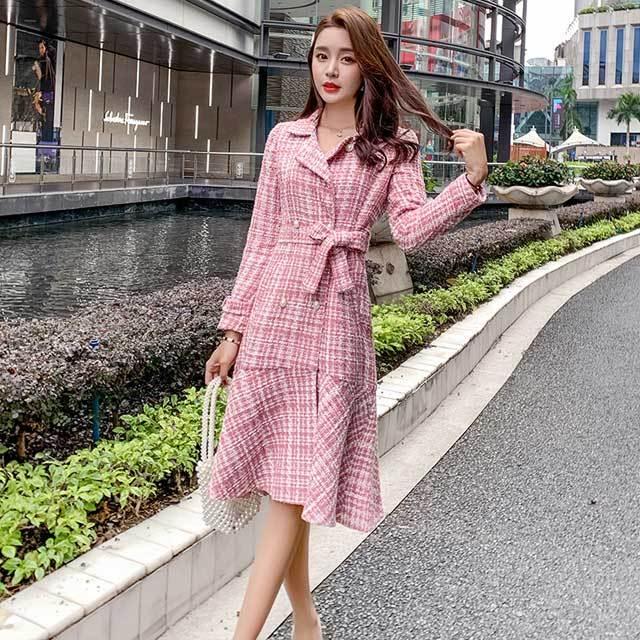 ツイード マーメイドワンピース 厚手 秋冬 ピンク チェック柄 ロングワンピース 長袖 フレア お洒落 キレイめ テーラード Vネック ベルト付き Lh Kittyshop 通販 Yahoo ショッピング