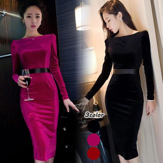長袖ワンピース ドレス キャバドレス ロング タイトワンピース リボン お洒落 無地 ブラック 赤 ロングワンピース ミモレ丈 大人 ベロア ベルベット Lh Kittyshop 通販 Yahoo ショッピング