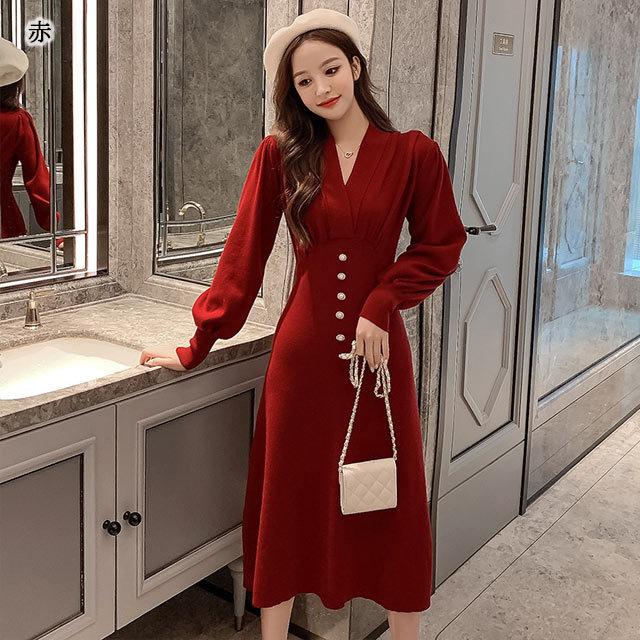 赤 ニットワンピース 長袖 Aラインワンピース パフスリーブ Vネック お洒落 キレイめ ロング ニットワンピース Aライン ミモレ丈 ブラック ニットワンピ Lh Kittyshop 通販 Yahoo ショッピング