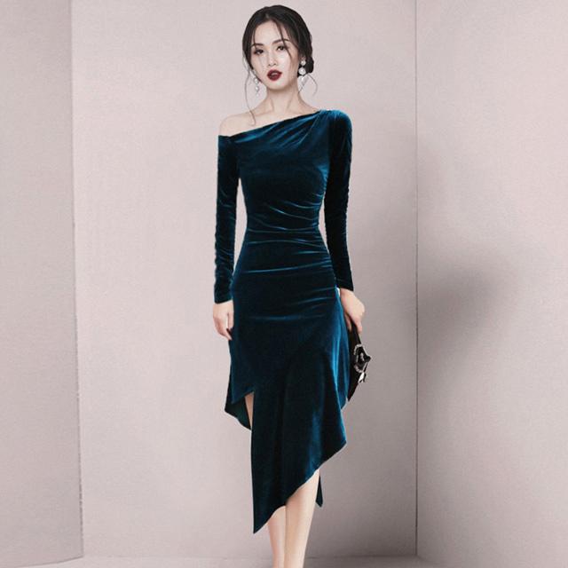 ベロア ベルベット タイトワンピース 長袖 ワンショルダー 高級 ロングワンピース フォーマル ドレス パーティー 二次会ドレス 不規則 韓国風 ワンピース お洒落 Lh Kittyshop 通販 Yahoo ショッピング