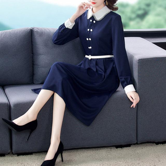 長袖 Aラインワンピース 膝丈 大きいサイズ 30代 40代 通勤 Ol 春 秋 冬 襟付き 折り襟 可愛い 紺色 ワンピース Aライン ベルト付き 上品 大人 Lh Kittyshop 通販 Yahoo ショッピング