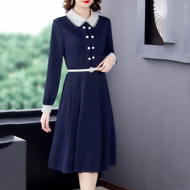 長袖 Aラインワンピース 膝丈 大きいサイズ 30代 40代 通勤 Ol 春 秋 冬 襟付き 折り襟 可愛い 紺色 ワンピース Aライン ベルト付き 上品 大人 Lh Kittyshop 通販 Yahoo ショッピング