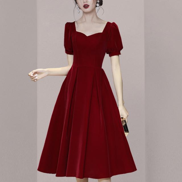 ベロア ベルベット Aラインワンピース ワイン赤 ワンピース ドレス 結婚式 デート お出かけ 代 30代 ロングワンピース Aライン 半袖 パフスリーブ お嬢様 Lh Kittyshop 通販 Yahoo ショッピング