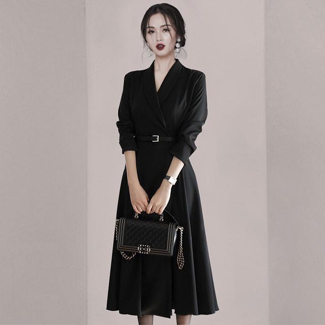 ブラック Aラインワンピース 長袖 Vネック テーラード トレンチ風ワンピース 黒 ロングワンピース フォーマル 通勤 Ol ベルト付き 春 秋 Lh Kittyshop 通販 Yahoo ショッピング