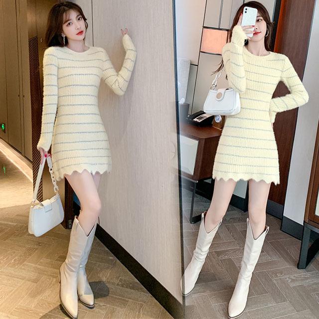 長袖 ニットワンピース ショート丈 可愛い 代 30代 タイトワンピース ニット ミニワンピース ストライプ 秋冬 コーデ インナーウェア ニットワンピ Lh Kittyshop 通販 Yahoo ショッピング
